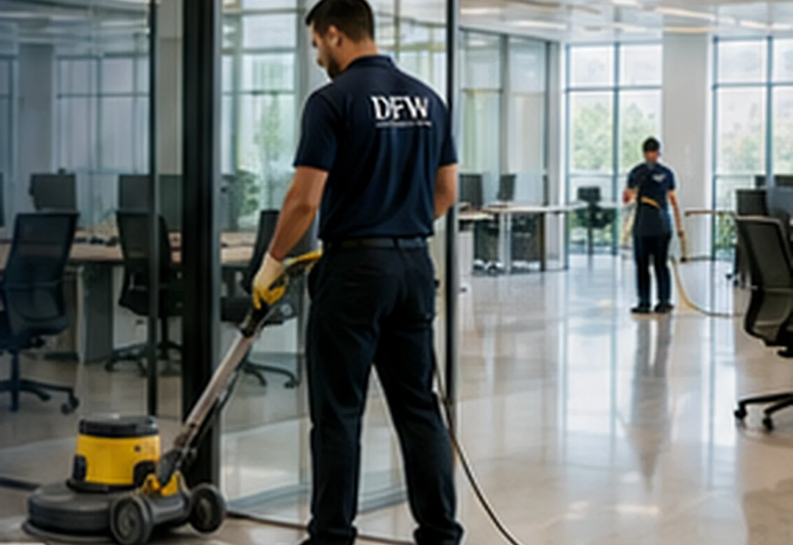 Professional commercial cleaning team working in a bright modern Dallas-Fort Worth office.