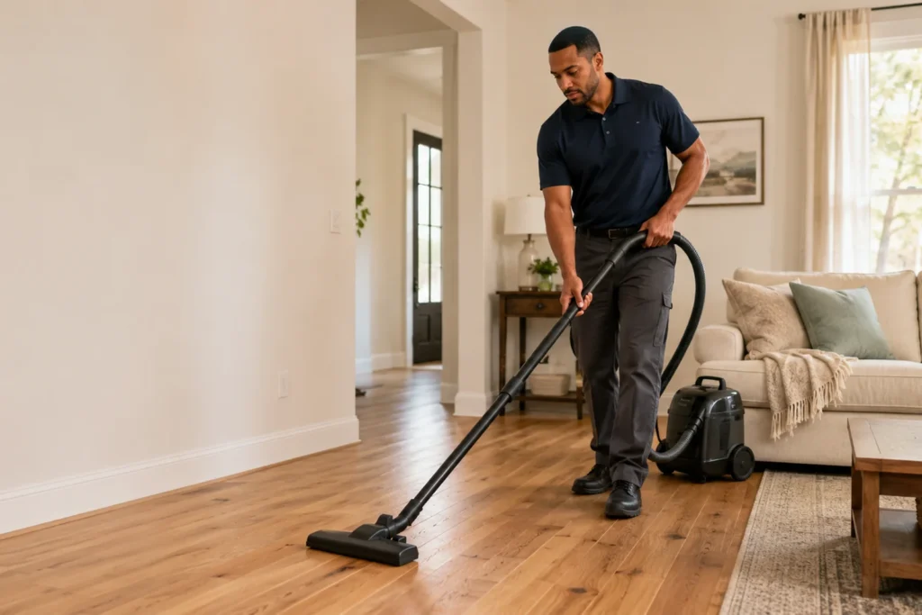 Cleaner vacuuming a bright, comfortably furnished living room in a DFW home