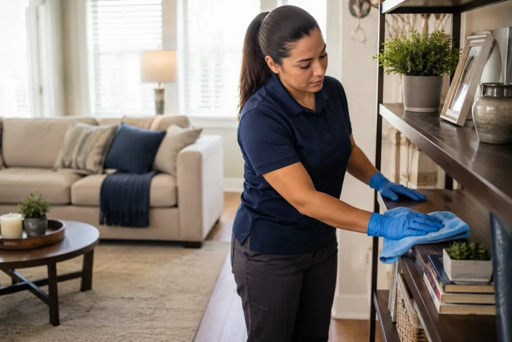 Cleaner dusting a shelf in a comfortable, lived-in living room