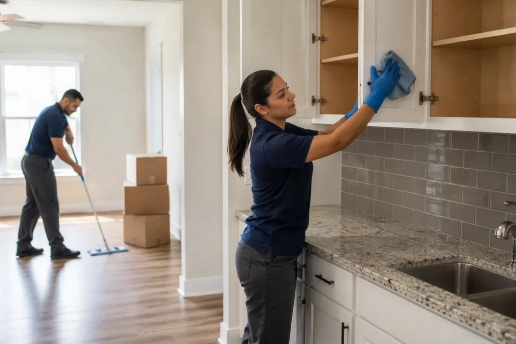 Two cleaners working in a visibly empty home during a move-out cleaning
