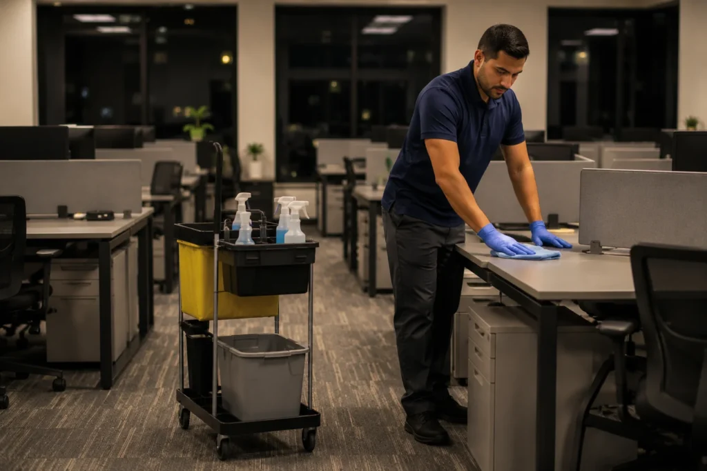 Cleaner wiping down empty office desks during after-hours commercial cleaning