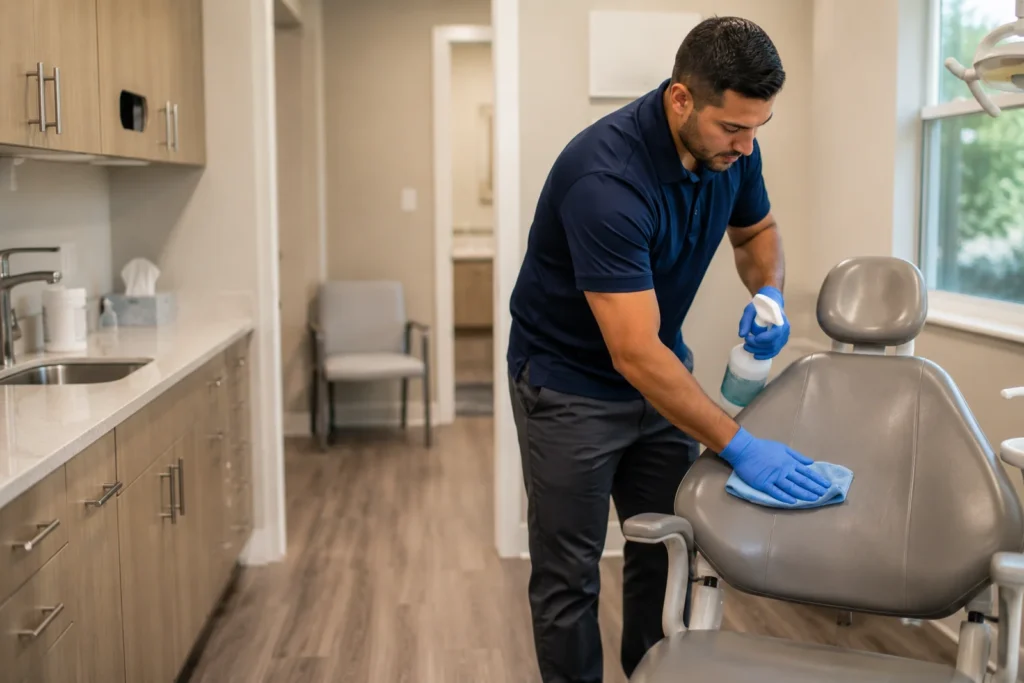 Gloved cleaner disinfecting a dental operatory chair and countertop