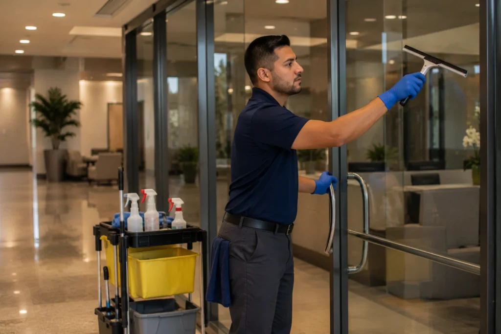 Janitor squeegeeing a glass office entrance door in a commercial lobby