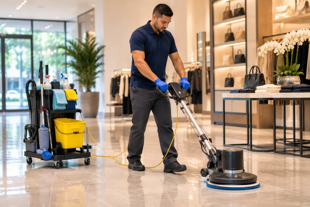 Uniformed cleaner performing a detailed one-time commercial cleaning service