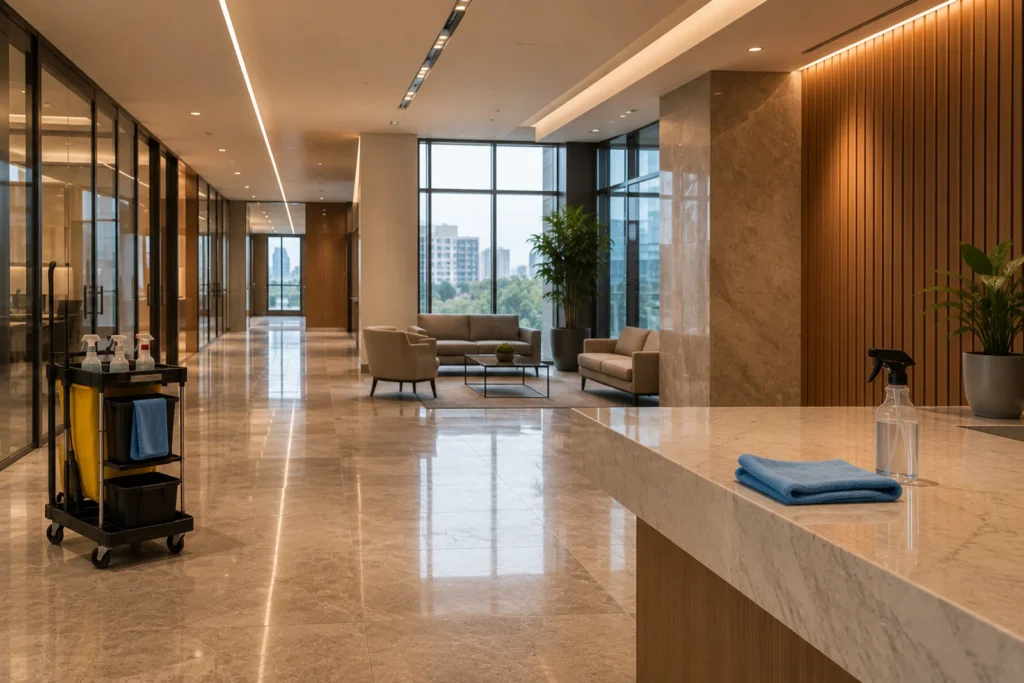 Freshly serviced corporate office-tower lobby with polished floors