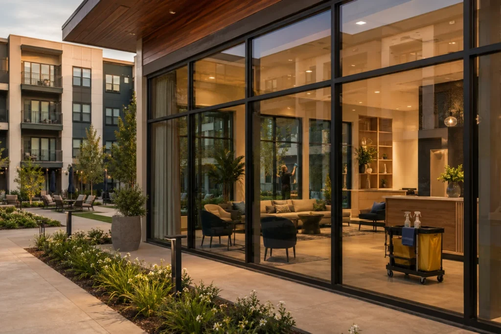 Clean, freshly serviced apartment community clubhouse lounge area