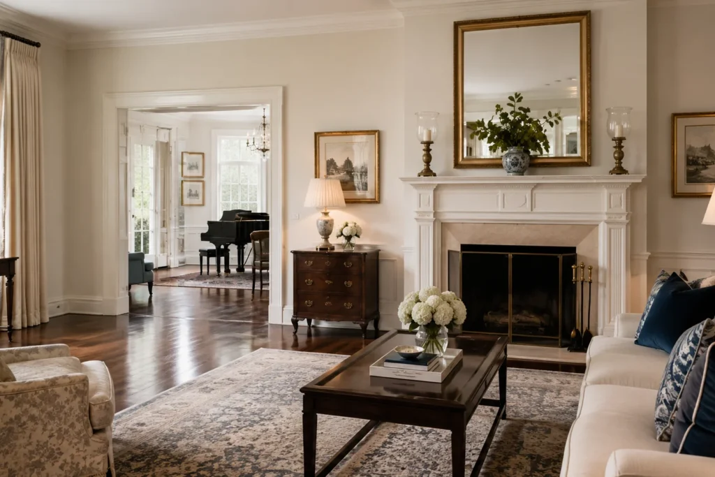 Elegant, freshly serviced traditional residence living room in University Park