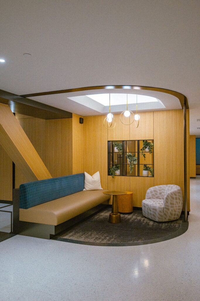 Modern apartment lobby with stylish seating and clean common areas