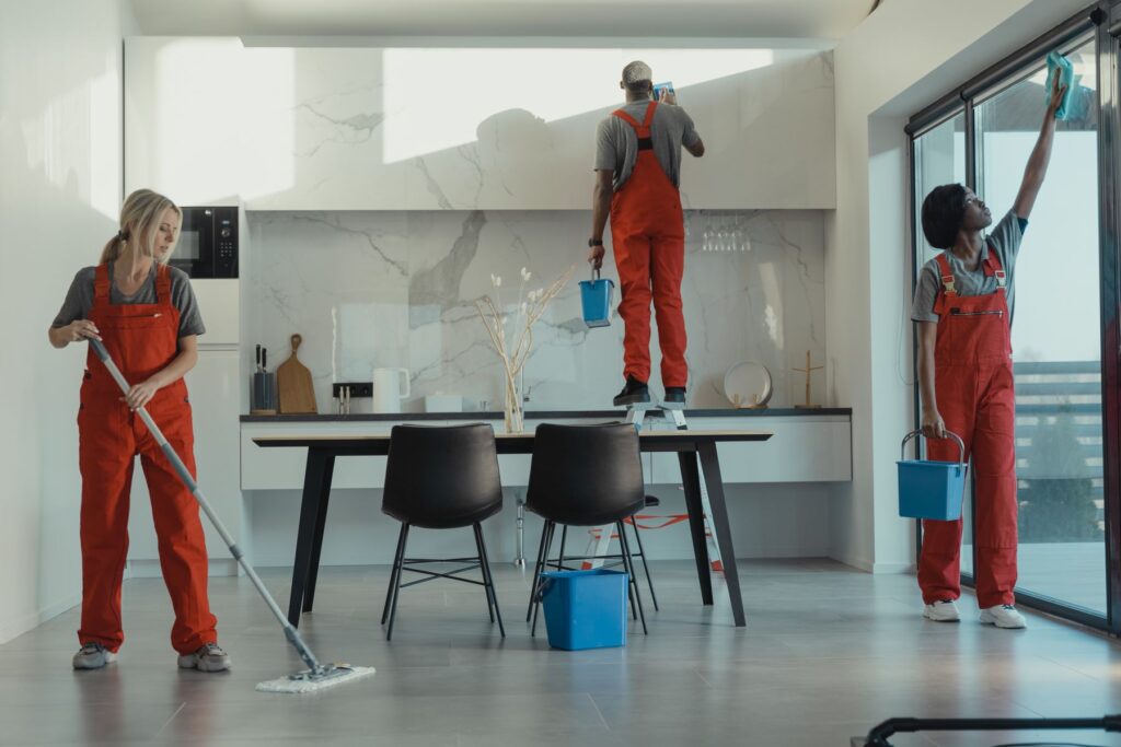 Professional cleaning team working in a bright modern home